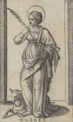 Santa Agnes com uma palma na mão direita, uma ovelha na parte inferior esquerda, de..., ca. 1500-1527.
