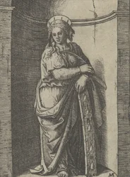 Santa Catarina de pé em um nicho, apoiada sobre uma roda, seu instrumento de tortura..., ca. 1500-1527.