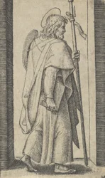 São Tiago Maior, livro é a sua mão direita, bastão à sua esquerda virado para a direita, de t..., ca. 1500-1527.