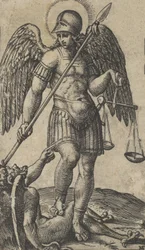 São Miguel segurando uma balança e uma lança, um demónio sob ele, da série «P...», c. 1500-1527