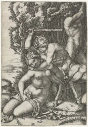 Satyr e o jovem lutando por ninfa