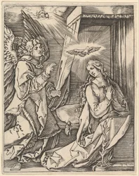 A Anunciação, à esquerda, o Arcanjo Gabriel se aproxima da Virgem em oração ..., ca. 1500-1534.