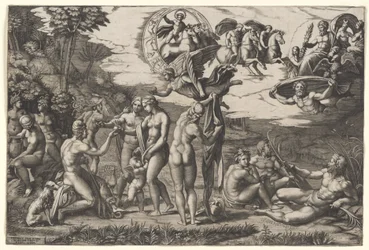 O Julgamento de Paris: sentado à esquerda com Vénus, Juno e Palas Atena, com uma vitória alada por cima, c.1510-20 (gravura)