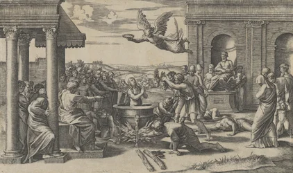 O martírio de Santa Cecília, de pé nua num grande caldeirão, à esquerda sob..., c. 1520-25