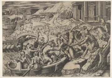 O sequestro de Helen, cena de batalha em uma praia com dois homens puxando Helen para um ba ..., ca. 1520-27.