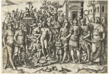 Procissão triunfal do imperador romano com soldados e armaduras saqueadas