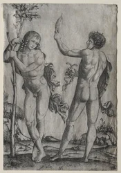 Dois homens nus junto a uma árvore