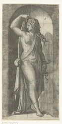 A mulher como personificação da Prudência (Prudentia) com serpente e máscara
Sete Virtudes (título da série)