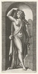 Mulher como personificação de Prudentia com cobra e máscara Sete Virtudes (título da série)