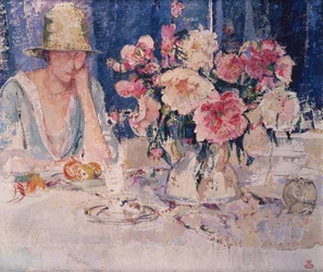 Mulher à Mesa Carregada com Flores (óleo sobre tela)