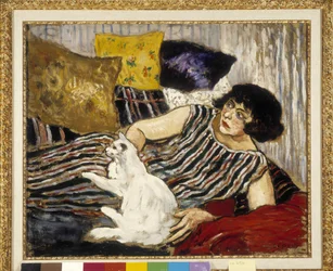 Suzanne Valadon (1865-1938) e o seu gato. Pintura de Marcel Leprin (1891-1933), menção obrigatória: Collection fondation regards de provence, Marseille (45 x 54 cm)