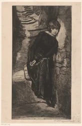 Mulher vestida de preto, encostada a uma parede. Misère de misère (título no objeto). Meisje van plezier (título da série). Fille de Joie (título da série no objeto)