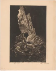Interior de uma caverna escura com criaturas devorando um homem nu Macacos Guet (título no objeto)