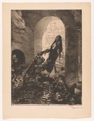 Monstro agarra uma mulher parada na porta Offrande a Moloch (título no objeto) Garota do prazer (título da série) Fille de Joie (título da série no objeto)