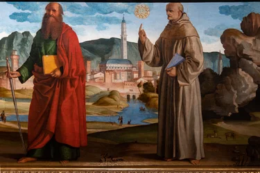 São Francisco recebendo os estigmas entre Santa Clara e Pedro, o abençoado Bartolomeu de Breganze, e São Paulo e Bernardino, detalhe