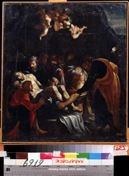 A Descida da Cruz. Entre os personagens representados ao redor do corpo de Jesus Cristo: a Virgem Maria, Santa Maria Madalena, São José de Arimatéia e São Nicodemos. Pintura de Marcelle Venusti (1512 ou 1515-1579). H