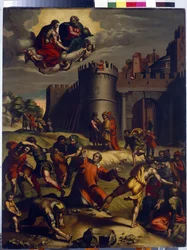 O Martírio de Santo Estêvão. (O Martírio de Santo Estêvão). O primeiro diácono da igreja cristã, Estêvão (martirizado em 35), foi apedrejado fora da cidade de Jerusalém e, durante a sua tortura, testemunhou um milagre, apareceu Deus e Jesus Cristo, por