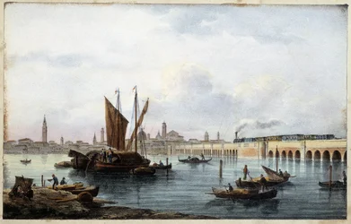 A ponte sobre a lagoa no "Álbum das principais vistas de Veneza" desenhado por Marco Moro ed. Gio Brize-Ghel n.d 1840. aproximadamente.