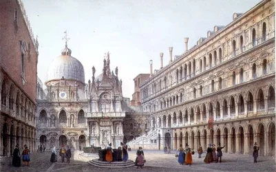 O Pátio do Palazzo Ducale, Veneza, gravado por Brizeghel (litho)