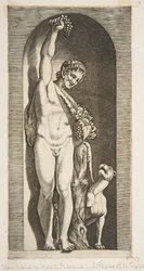 Um fauno em pé em um nicho segurando no alto um cacho de uvas com a mão direita e ..., ca. 1515-27.
