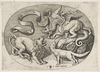 Um leão, dragão e raposa lutando entre si, uma bandeirola inscrita acima, um c..., ca. 1515-27.