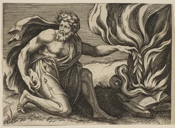 Um homem ajoelhado e colocando um galho de louro sobre uma pilha de livros em chamas, ca. 1515-27.
