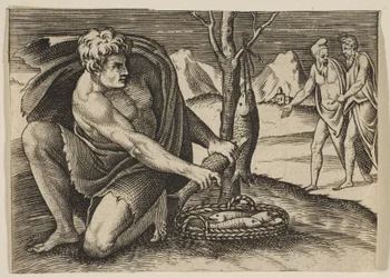 Um homem ajoelhado ao lado de um cesto de peixes e tomando um com as duas mãos, dois homens em ..., ca. 1515-27.
