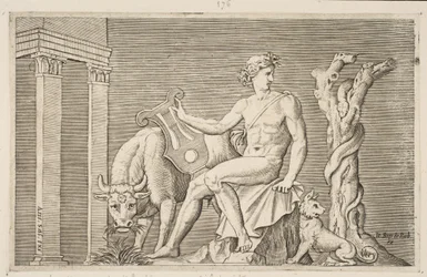 Apolo cuidando dos rebanhos de Admetus, Apolo sentado segurando uma lira e ladeado por uma ..., ca. 1515-27.