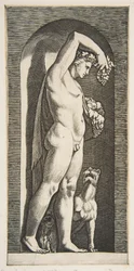 Baco em pé em um nicho segurando uvas em sua mão direita levantada, frutas em sua l ..., ca. 1515-27.