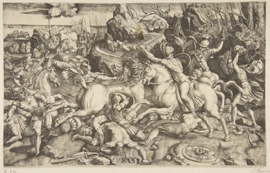 Cena de batalha em uma paisagem com soldados a cavalo e vários homens caídos, outro ..., ca. 1520