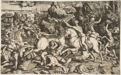 Cena de batalha em uma paisagem com soldados a cavalo e vários homens caídos, outro ..., ca. 1520