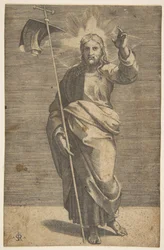 Cristo de pé virado para a frente, segurando uma cruz com um estandarte e levantando a esquerda ..., ca. 1515-27.