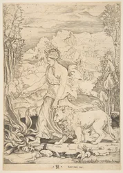 Fortitude em vista de perfil caminhando em direção a um incêndio à esquerda e liderando um lio..., ca. 1515-27.
