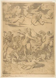 Galatea cavalgando em uma concha puxada através da água por golfinhos, um cupido abaixo ef ..., ca. 1515-27.