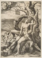 Júpiter e Semele abraçando, uma águia debaixo deles, uma árvore à direita com um t..., ca. 1515-27.