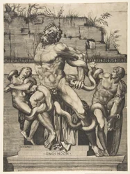 Laocoon e seus filhos sendo atacados por serpentes, ca. 1515-27.