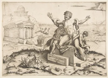 Laocoon e seus dois filhos sendo atacados por serpentes em um pedestal, um templo para Mi ..., ca. 1515-27.