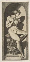 Olympus, nu, sentado no tronco de uma árvore com canos, situado dentro de um nicho, ca. 1515-27.