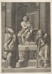 São José à esquerda e um bispo à direita diante do altar da Virgem ..., ca. 1515-27.