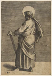 São Simão de pé virado para a esquerda, segurando uma serra e um livro, ca. 1515-27.