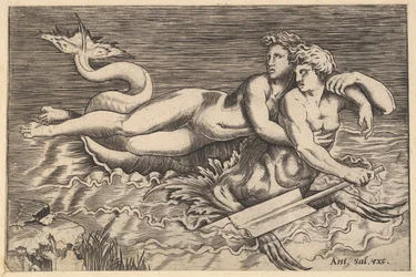Vidro magnífico romano, um Tritão carregando uma ninfa, século XVI.