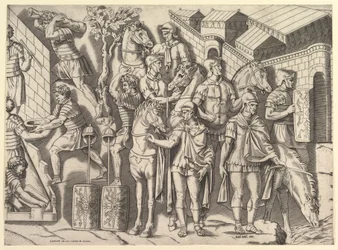 Magnífico vidro romano, cavaleiros romanos, da coluna de Trajano, século XVI.