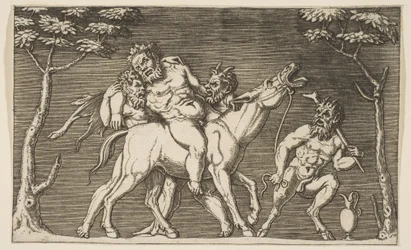 Dois sátiros colocando Silenus em uma mula e um terceiro sátiro à direita, ca. 1515-27.