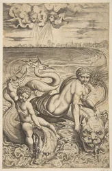 Vênus e Cupido montando dois monstros marinhos, Cupido levanta uma flecha na mão direita, t ..., ca. 1515-27.