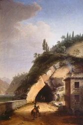 Vista da casa e primeira galeria de Varenna em Bellano, de Marco Gozzi (1759-1839), óleo sobre tela