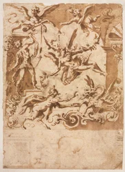 Grotesco com um sátiro alimentando um dragão, Grotesco com um centauro pulando, c1565158