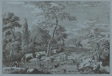 Gado e figuras em um riacho de fazenda