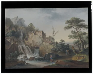Paisagem com cascata e casas de campo
