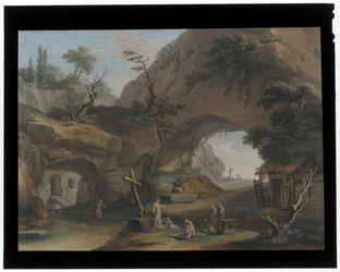Paisagem montanhosa com monges