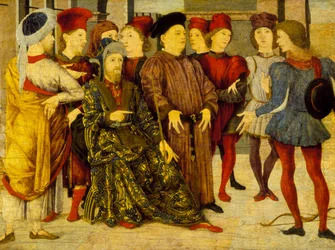 Fragmento de um painel Cassone &39;Shooting at Father&39;s Corpse&39;, c.1462 (têmpera no painel)